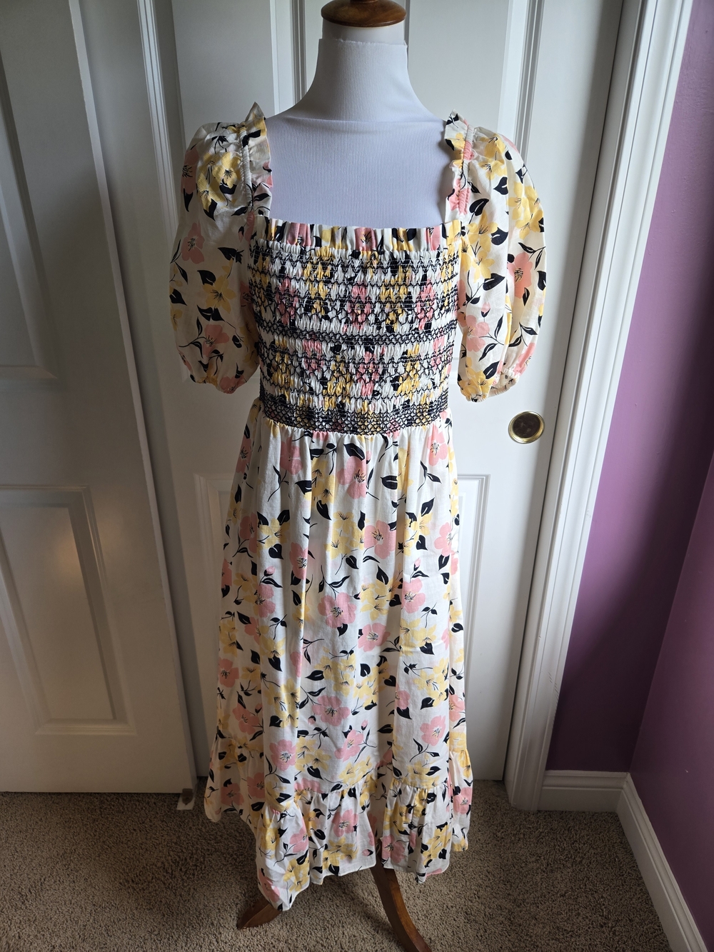 NWOT kate spade Girls Floral Smocked Midi Dress - White Pink Yellow - Large
